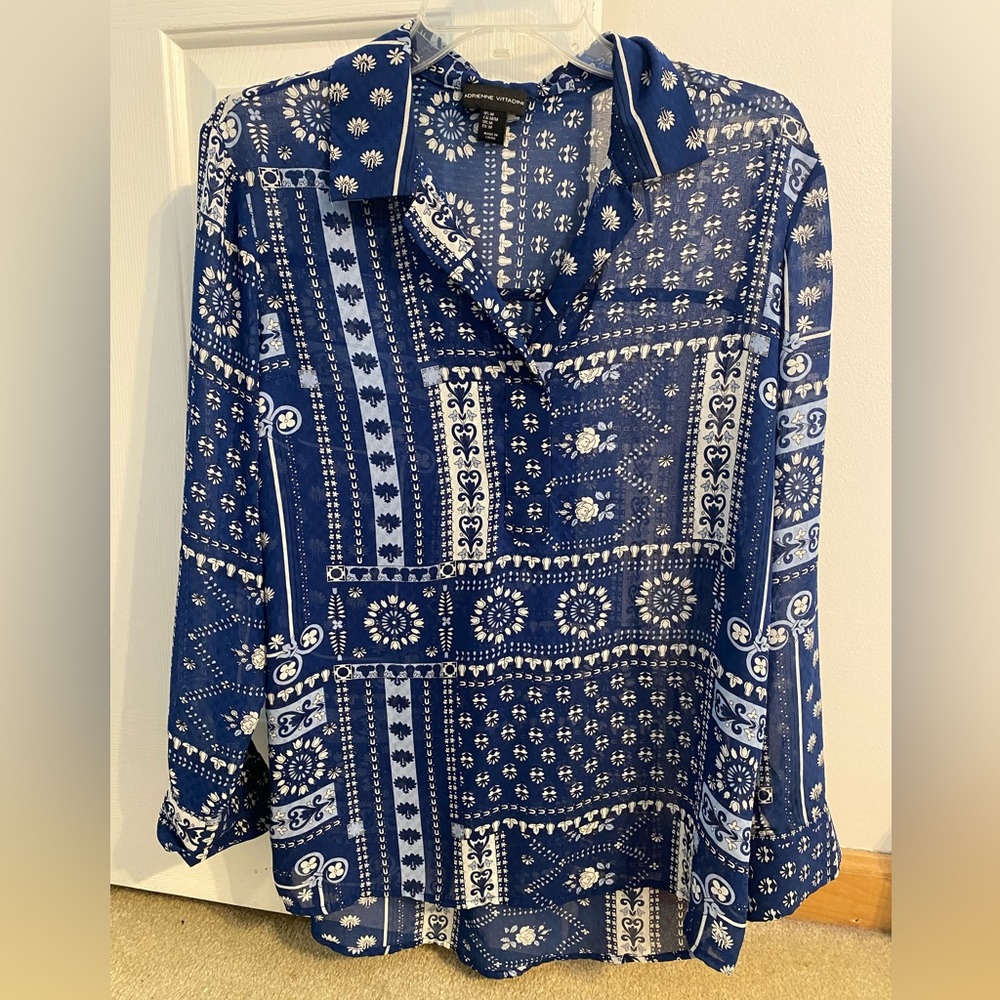 Adrienne Vittadini Sheer Blue/White Medium Button Down Blouse NWOT